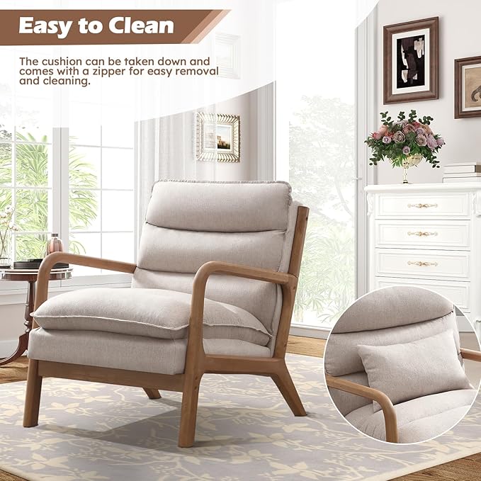 IOMOR Mid Century Modern Accent Chair, Upholstered Lounge Armchair with Plump Back Pillow, Comfy Reading Chair with Solid Wood Frame for Bedroom Living Room (1, Beige)
