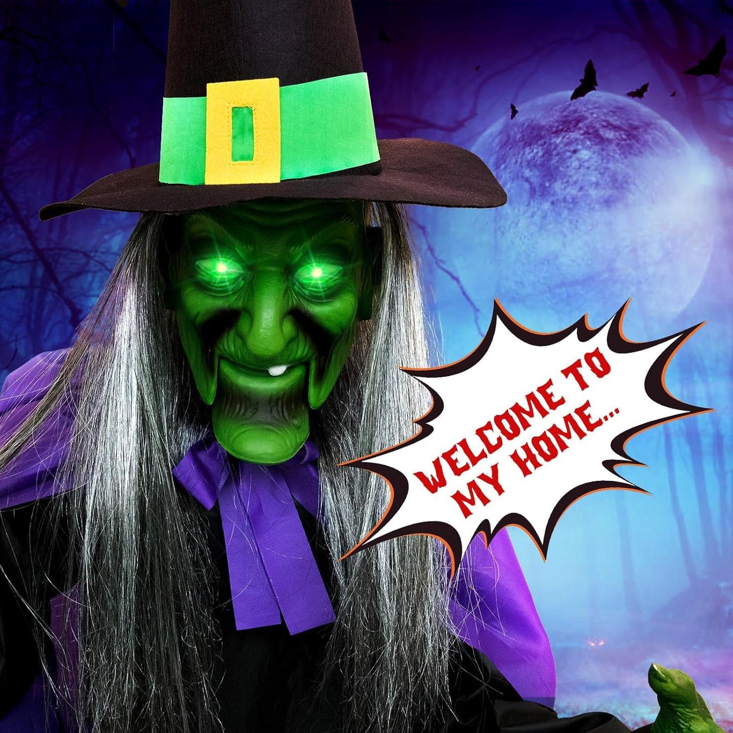 Halloween Decorations Outdoor - 6 Ft Animated Hovering Witch Animatronics Prop with Sound & Touch Activated Sensor - Spooky Scary Decor for Home Outside Garden Yard Lawn Green