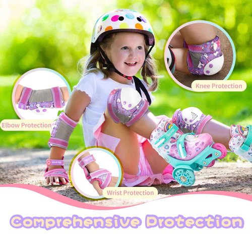 SULIFEEL Rainbow Unicorn Roller Skates for Kids with Adjustable Protective Gear Set Purple Small