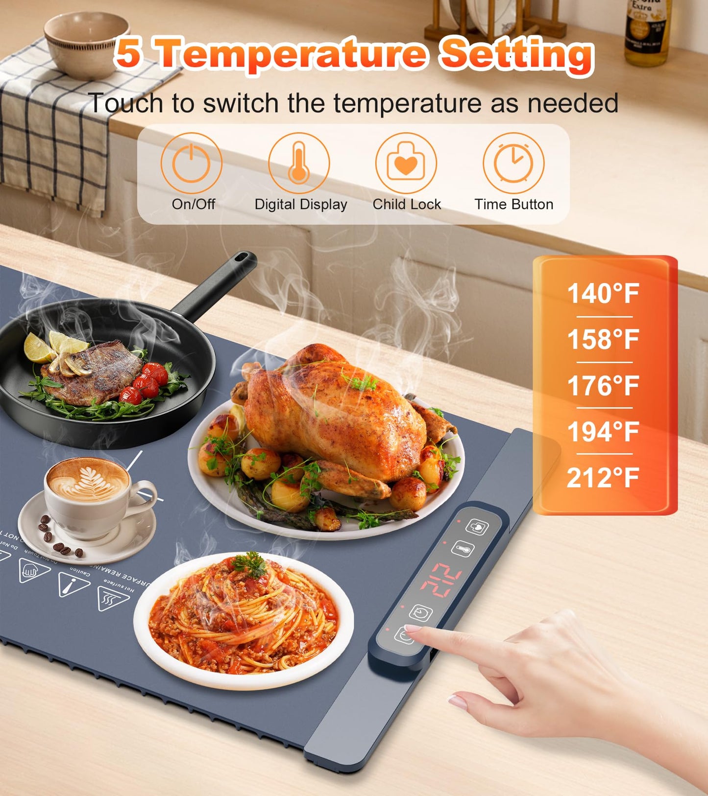 Warming Mat for Food, Food Warming Mat, 10-Second Rapid Heating Silicone Electric Tray, 5 Temperature Settings and 1-4 Hour Adjustable Timer, Foldable Portable Food Warmer, for Gatherings and Parties