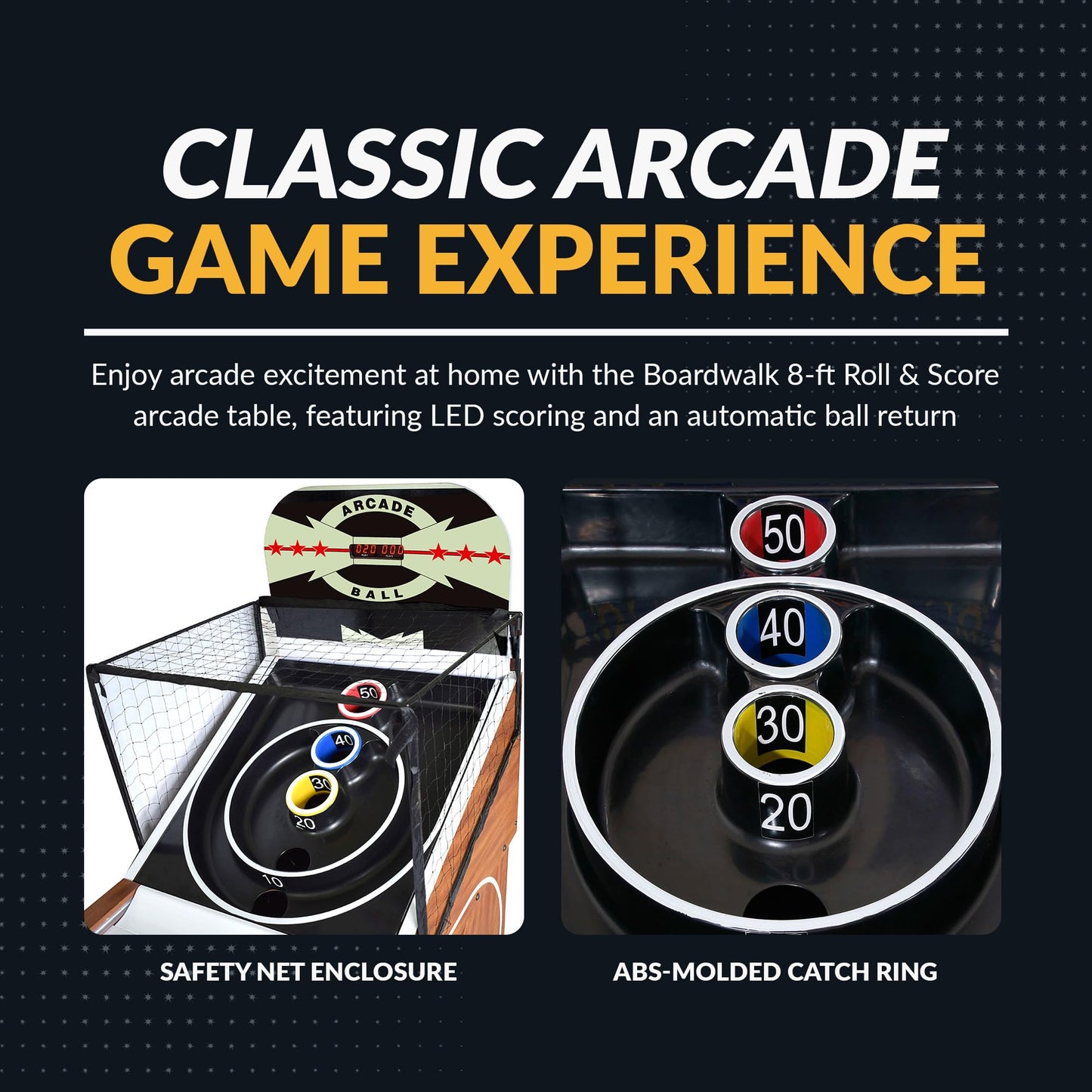 Hathaway Boardwalk 8-ft Arcade Ball Table for Family Game Rooms with LED Track Lighting, Scratch-Resistant Playfield