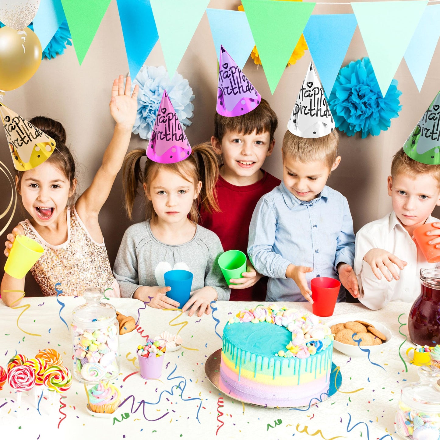 CANREVEL 14 PCS Happy Birthday Party Hats for Kids and Adults, Party Headwear Supplies for Birthday Party Decorations, Cone Hats in 7 Designs for Girls Boys Women Men