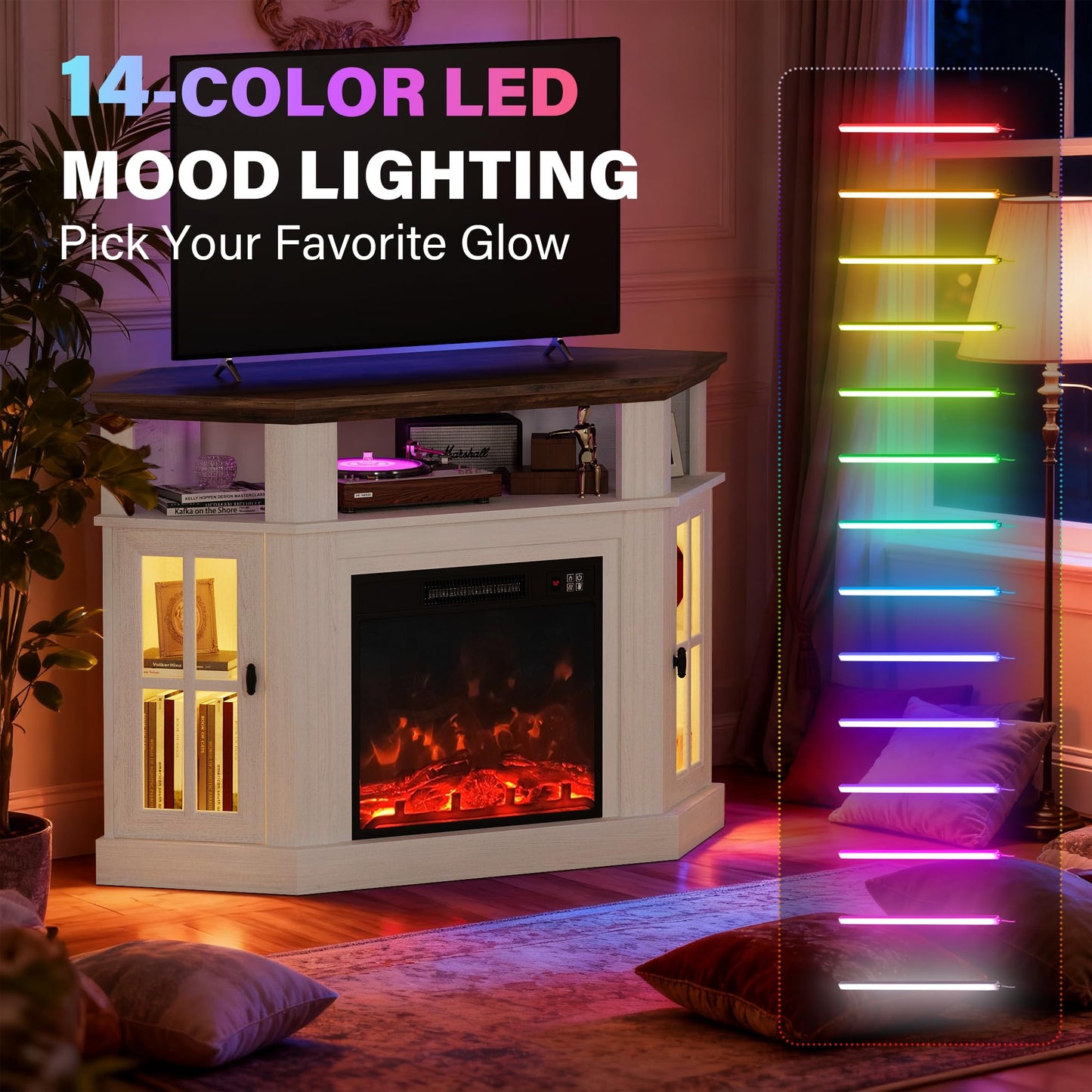 YESHOMY LED Corner Fireplace TV Stand with Mood Lighting, for TVs up to 55" with Storage Cabinets, Entertainment Center, Media Console for Living Room, Bedroom, White＆Rustic