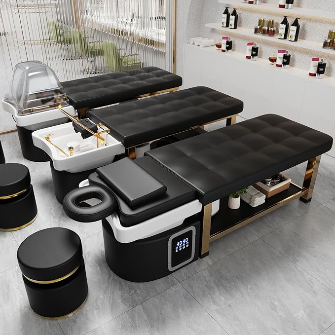 Head Spa Stationary Massage Table, Stainless Steel Gold Color-Plated Frame, Black PU Leather with Water Cycle & Fumigation Salon Equipment for Beauty Head Spa Physical Therapy Massage