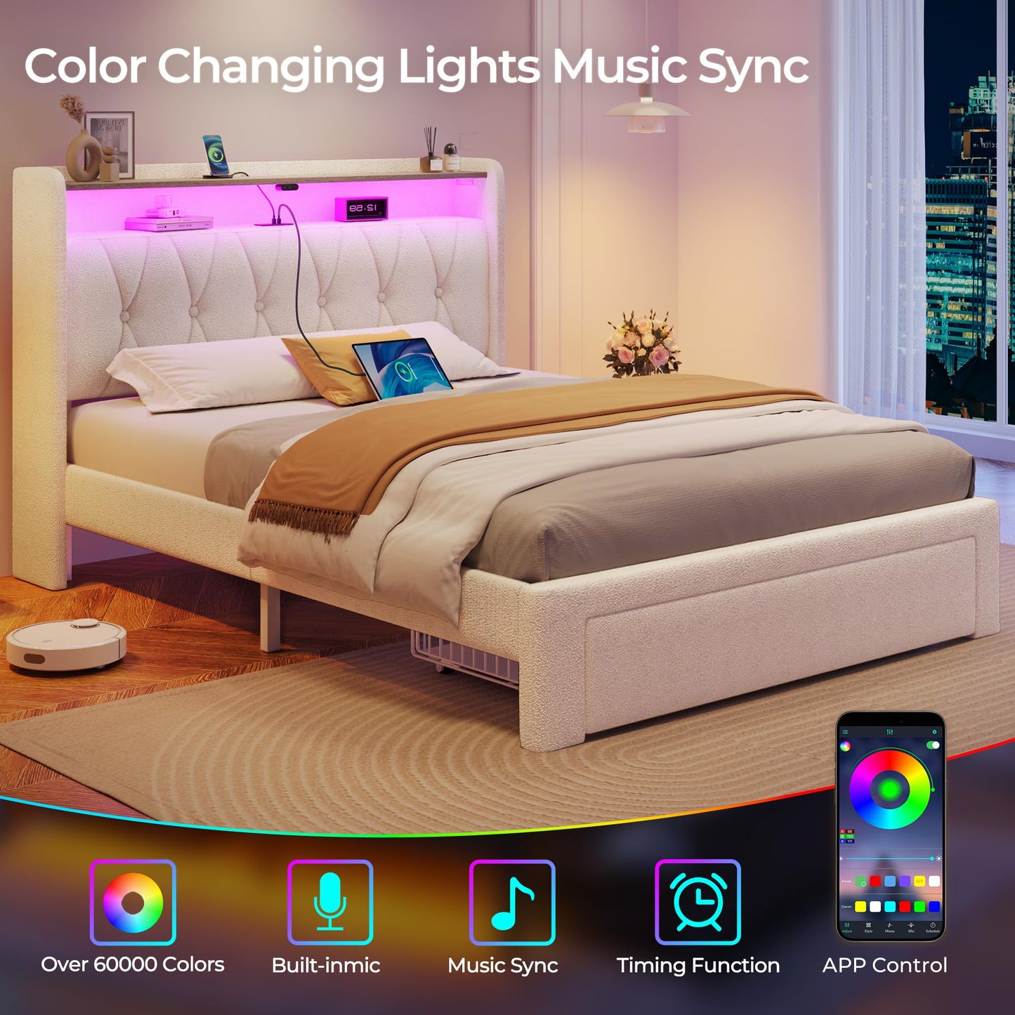Rolanstar Twin Bed Frame with Drawer, Storage Headboard with Charging Station and LED Lights, Upholstered Bed with Heavy Duty Wood Slats, No Box Spring Needed, Noise Free, Easy Assembly, Beige