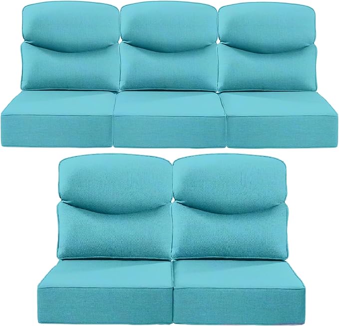 ACTREST Luxury 22x24/22x25 6-Inch Smile Outdoor Cushions for Patio 5 Piece Set - Set of 5 Zippered Outside Pillows for Wicker Dining Rocking Glider Loveseat Couch Sectional Sofa - Turquoise