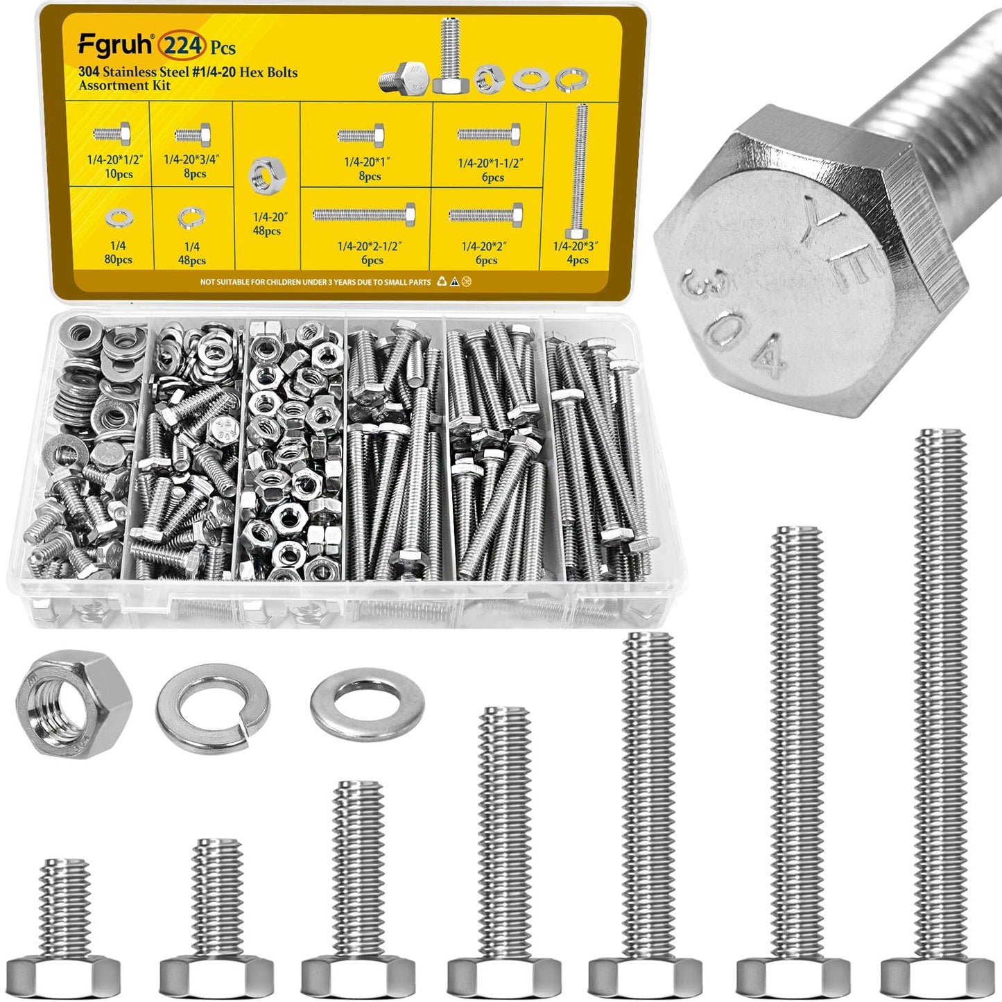 Fgruh 224PCS 1/4''-20 Hex Bolts and Nuts Assortment Kit,1/4-20 x 1/2'', 3/4'', 1'', 1-1/2'', 2'', 2-1/2'', 3'' SAE Stainless Steel Bolts Nuts and Washers Assorted Set, Fully Threaded