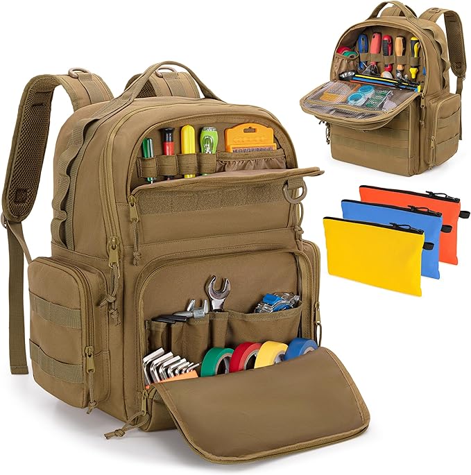 Rexmica Tool Bag Backpack for Men with 3 Tool Pouches, Heavy-Duty Tool Storage Organizer Bag with Padded Shoulder & Waist ...