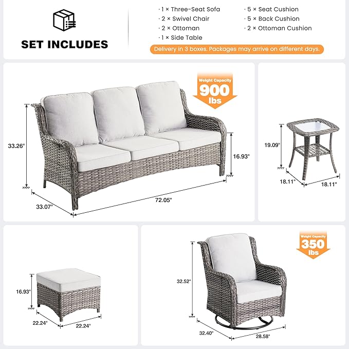 ovios 6 Pieces Patio Furniture Set, Outdoor Wicker Sofa Couch with Swivel Chairs Ottomans Comfy Cushions, High Back Modern All Weather Conversation Sets, Grey Rattan, Grey
