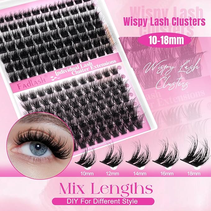 FADLASH Lash Clusters Individual Lashes 10-18mm Eyelash Clusters D Curl DIY Lash Extension Clusters Wispy Cluster Lashes (KLS240+KLS253-07D-Mix10-18)