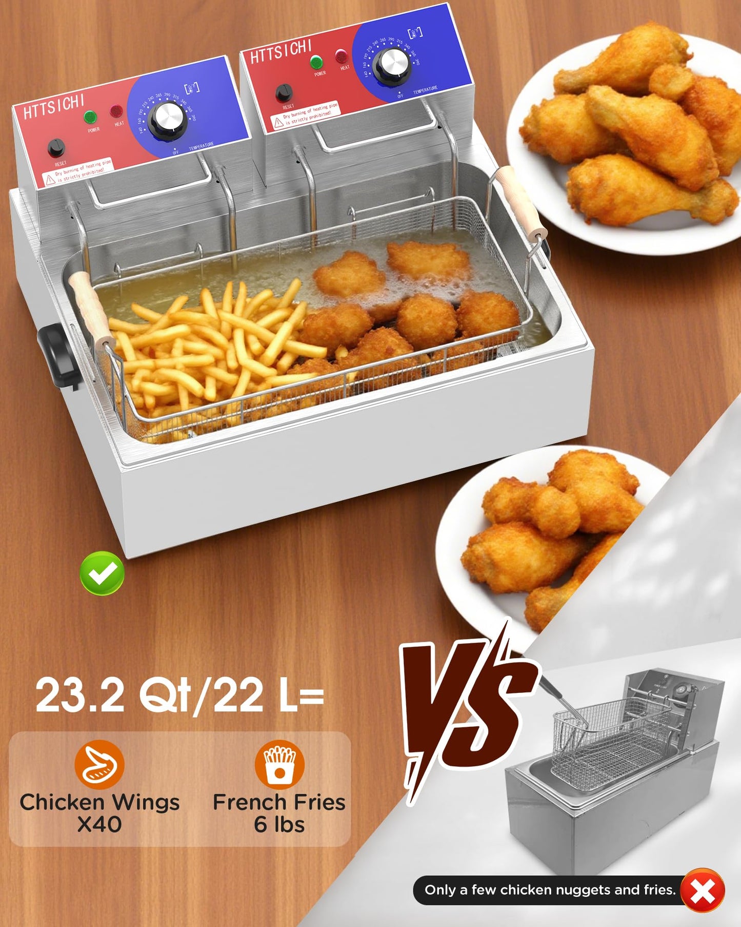 HTTSICHI Commercial Deep Fryer - 22 L Electric Deep Fryer with 10 L Basket, Commercial Deep Fryer with Basket (3Pcs), Stainless Steel Countertop Deep Fryer w/Adjustable Temperature and Restaurant