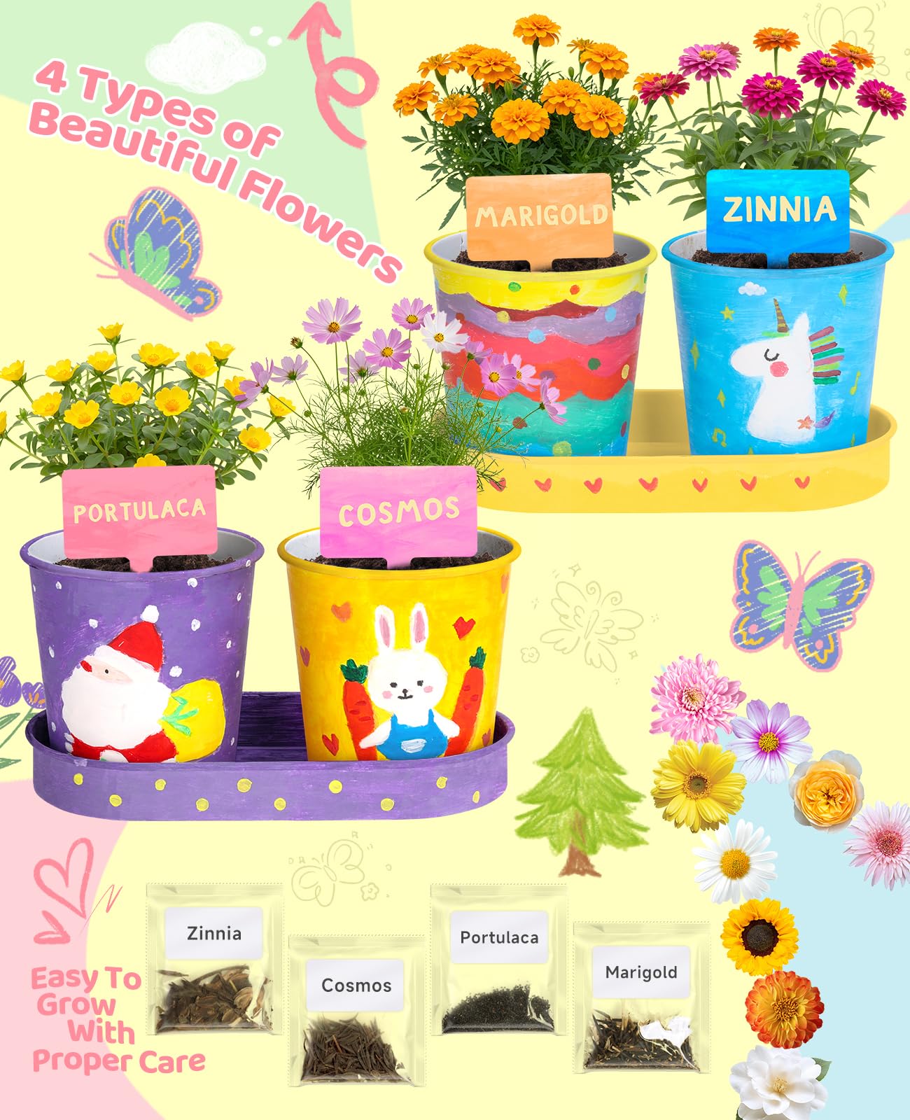 YAUNGEL Paint & Plant Flower Kids Gardening Set, Arts and Crafts for Kids Growing Painting Kit with 4 Pots, Christmas Birthday Gifts for Girls & Boys Children