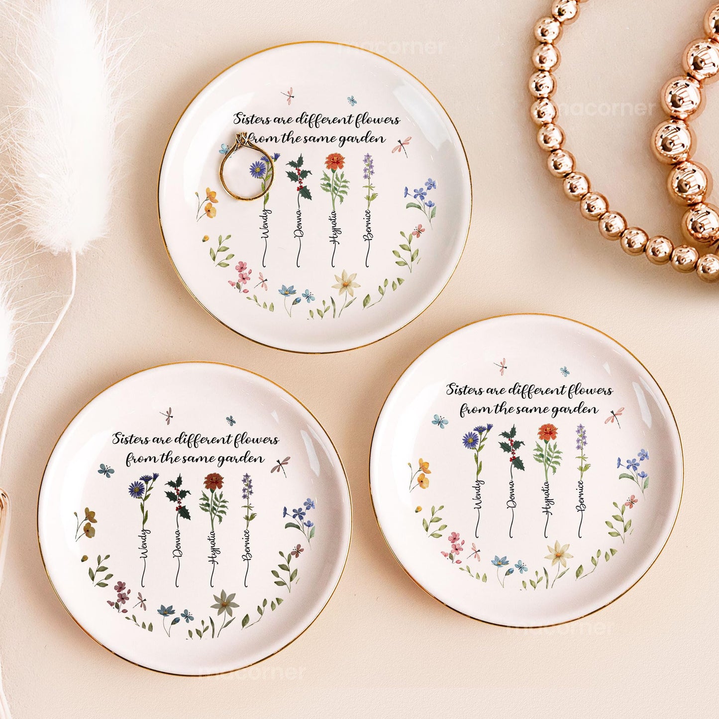 Macorner Personalized Jewelry Dish Gifts, Sisters Are Differents Flowers Custom Birth Flowers, Soul Sister Friend Gifts for Women Girls Presents
