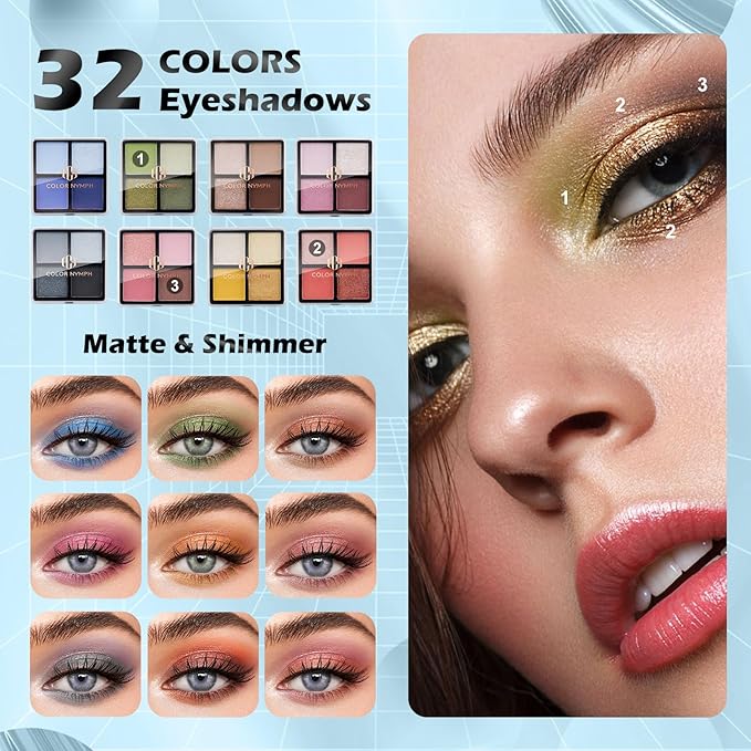 Color Nymph Makeup Kit for Teen Girls – All-in-One Beginner Makeup Set with Eyeshadow, Blush, Highlighter, Bronzer, Contour, Lipsticks, Eyeliner, Brushes & Mirror in Train Case (White)