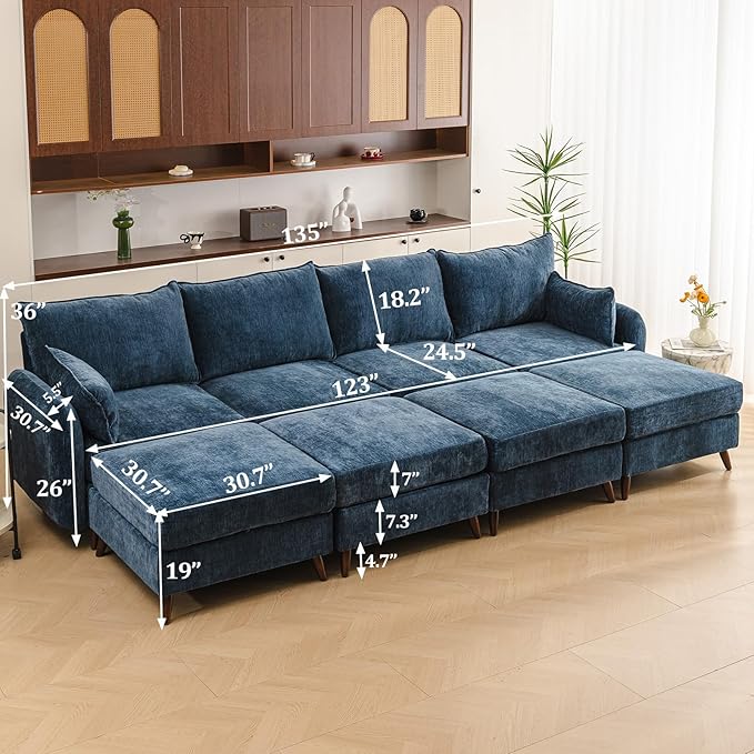 Rexulqo 135'' Modular Sectional Sofa with Seats Storage, Oversized Sleeper Sofa Bed,4-Seater Comfy Cloud Couches with Movable Ottoman,24.5'' Deep Seat,Big Sofas for Living Room,Bedroom,Velet,Blue