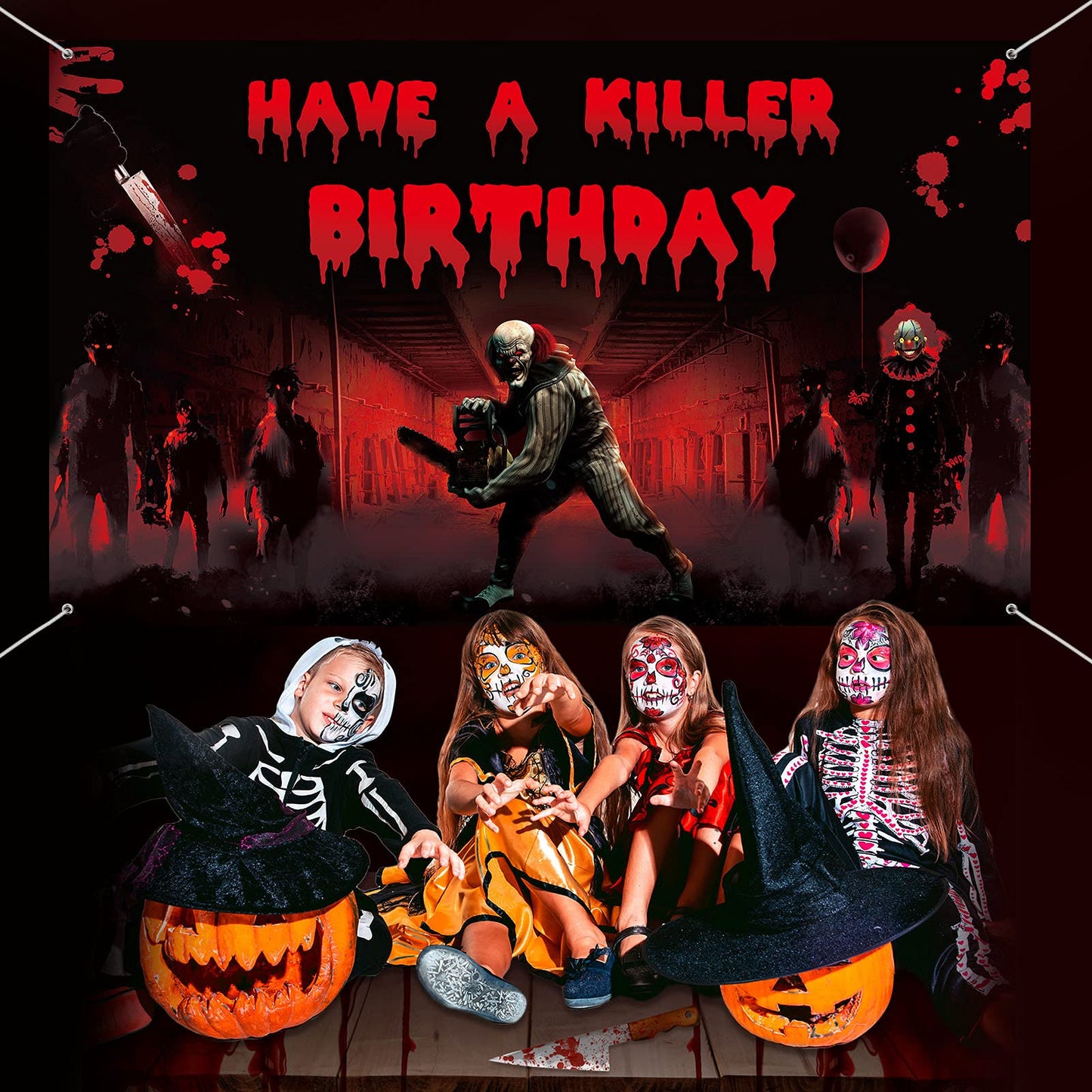 Irenare Killer Birthday Party Backdrop Banner - Crime Scene Decor, Horror Movie Background, 72.8 x 43.3 Inch Scary Bloody Banner for Creepy Movie Chainsaw Clown Spooky Props