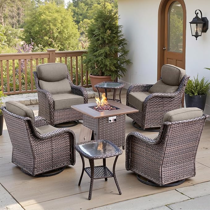 Belord Luxury 6" Thick Cushioned Outdoor Swivel Rocker Chairs Set of 4 with Fire Pit Table, High Back Wicker Patio Furniture Set with Ergonomic Zone Back, Conversation Set for Deck Porch - Brown+Grey