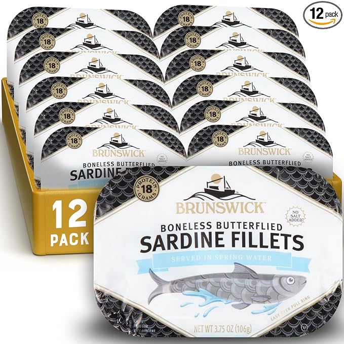 Brunswick Sardines in Spring Water, 3.75 oz Can (Pack of 12) - Boneless Butterflied Sardine Fillets - Wild Caught - 18g Pr...