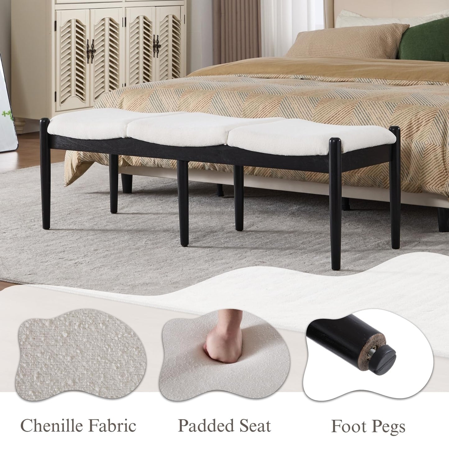 DUOMAY 55'' Modern Ottoman Bench, Chenille Upholstered Entryway Bench Bedroom Bench with Wood Legs, End of Bed Bench for Bedroom, Living Room, Corners, Kitchen, White