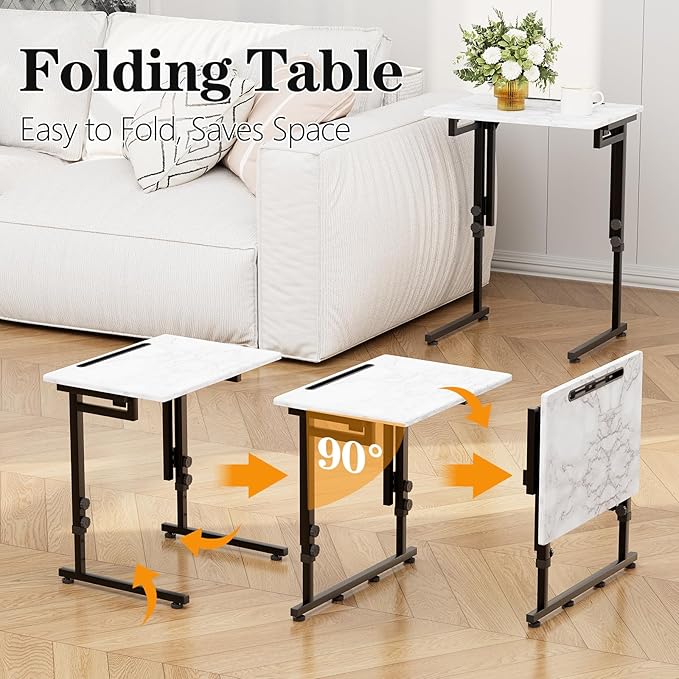 Katrawu Adjustable Height Tv Tray Table,Portable Folding Tv Dinner Snack Table,Small Foldable C-Shaped End Table for Eating,Slide Under Couch Side with Sturdy MDF Top,No Assembly(White Marble+Black)