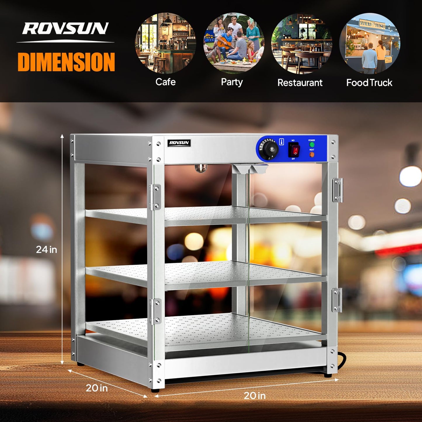 ROVSUN 3-Tier Commercial Food Warmer, Pizza Warmer Food Warmer Display with LED Lighting Removable Shelves Glass Door, Countertop Electric Food Warmer for Buffet Restaurant 110V 800W