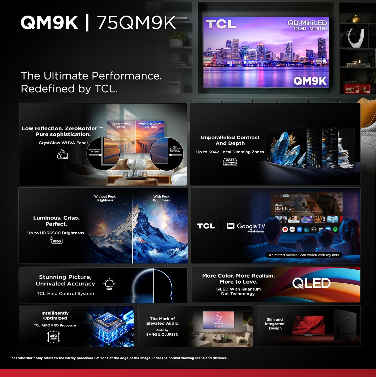 TCL 75 Inch Class QM9K Series | Mini LED QLED 4K | 75QM9K, Latest Model | 144HZ Peak Brightness & Contrast Dolby Vision | Up to LD6K Precise Dimming | AI Smart Google TV | Dolby Atmos Bang & Olufsen