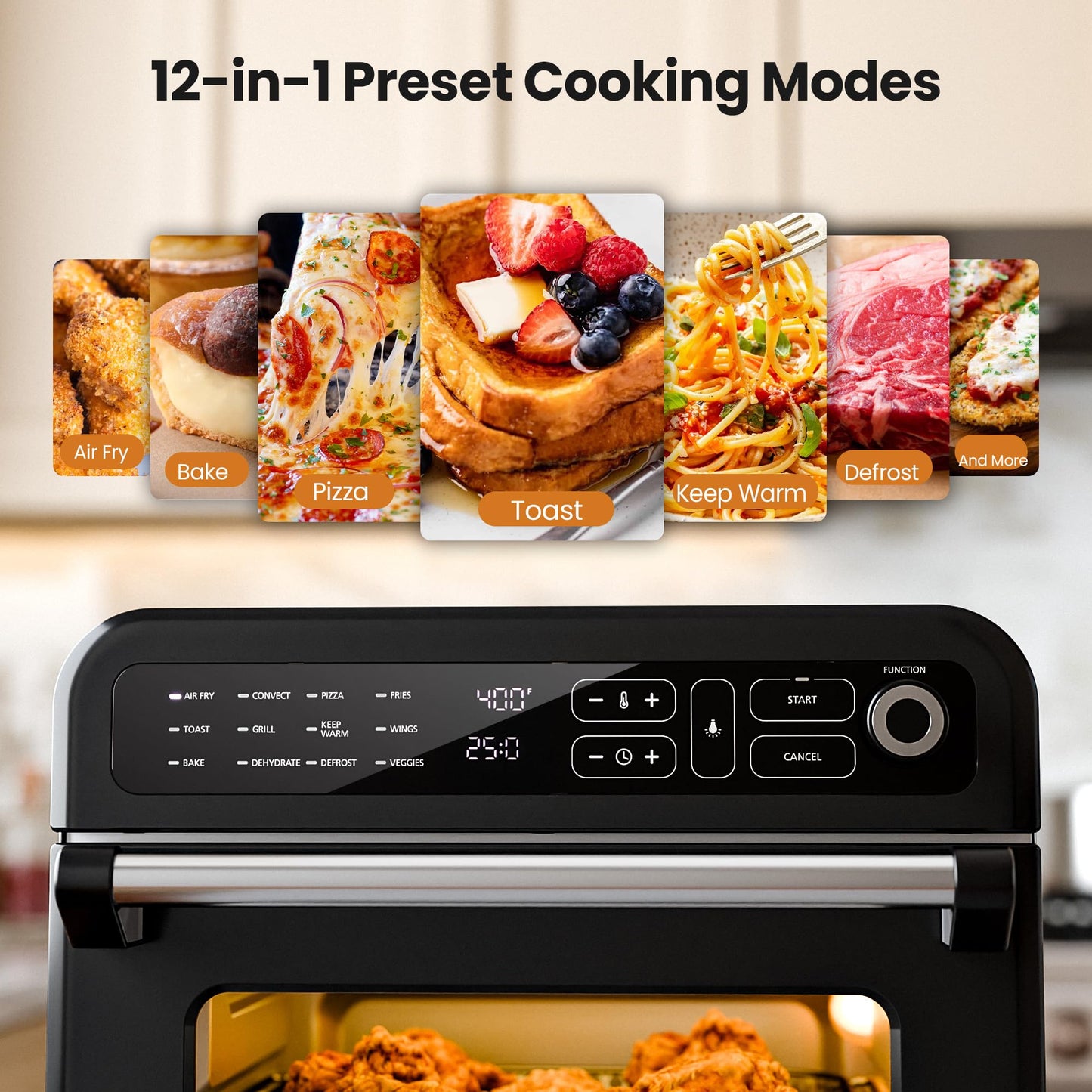 Kismile 18QT Air Fryer Toaster Oven Combo, 12-in-1 Countertop Convection Airfryer Oven, Adjustable 70–450℉ Temperature, Bake, Reheat & Broil, Fits 8-10″ Pizza, Complete Accessories Included, Black