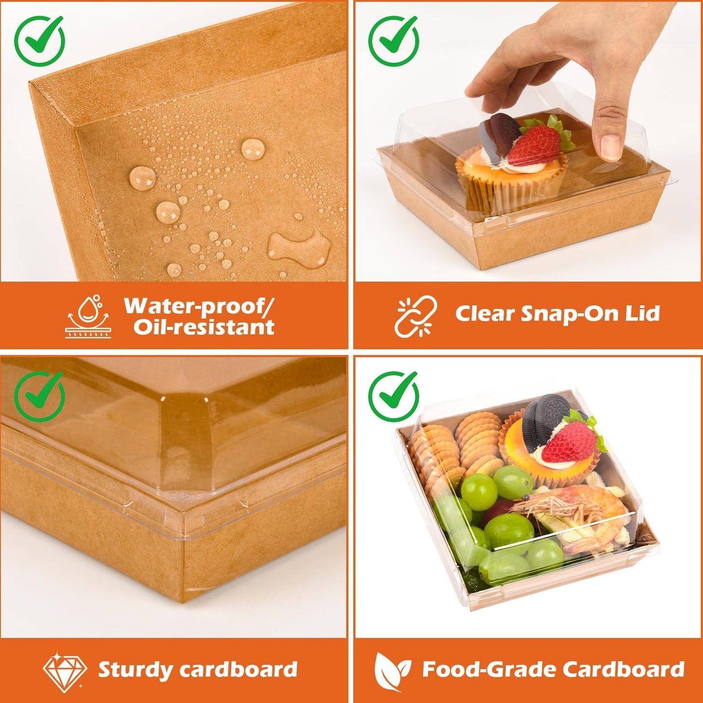 JPPSUJJ 50 Pack Charcuterie Boxes with Clear Lids, Paper Disposable To Go Small Food Containers, 5 Inch Dessert Boxes for Sandwich, Cookie, Cake Slice, Strawberries (Brown)