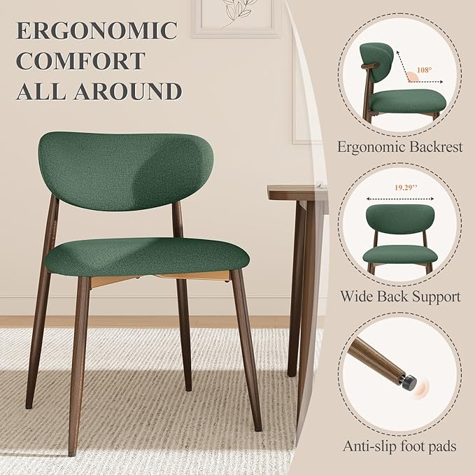 MALOL Dining Chairs Set of 4, Upholstered Dining Room Chairs with Metal Legs and Anti Slip Pads, Curved Back Kitchen Chair for Home and Restaurant Use, Green