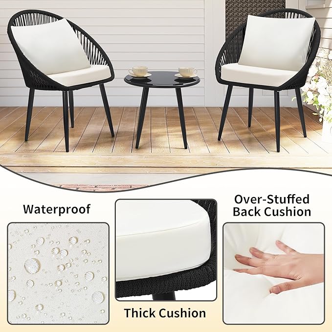 wildformers 3 Pieces Bistro Set, Woven Rope Chair with Cushions, All Weather Patio Conversation Set and Side Table, Ideal for Deck, Balcony, Poolside, Black