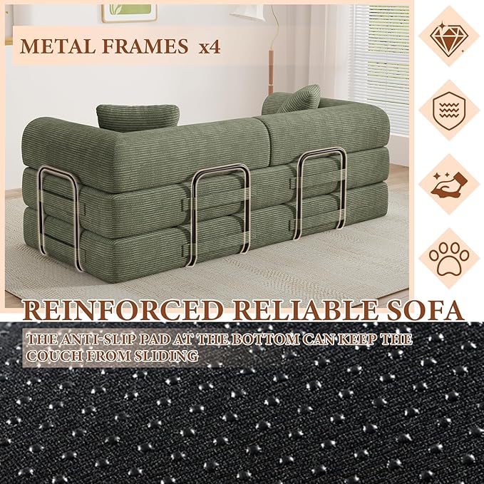 77" Convertible Sofa Bed, Modular Folding Futon Corduroy Floor Foam Compressed Loveseat Sleeper Sofa Couch, Pull Out Queen Size Couch Bed with 2 Pillows for Living Room Guest Room Studio, Light Green