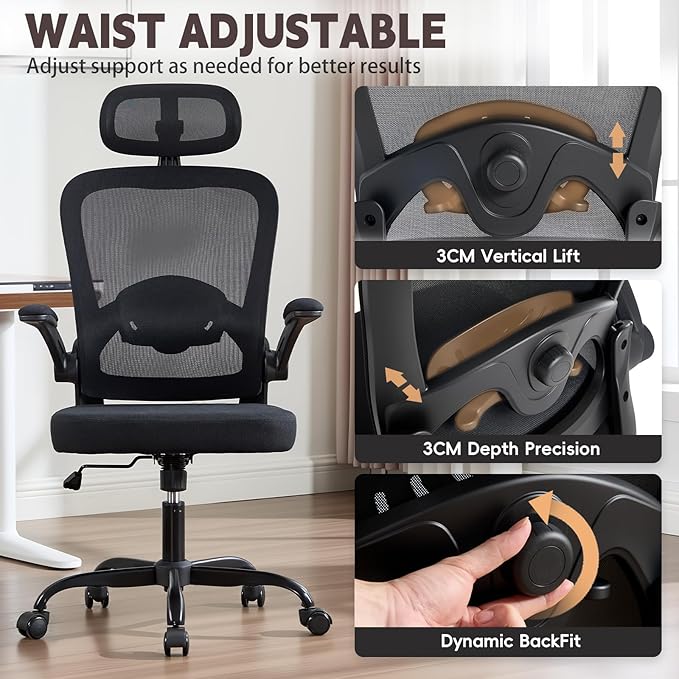 Rishtivin Ergonomic Office Chair with 3D Adjustable Lumbar Support, Mesh High Back, 75° Rotating Headrest, Rocking Function, 300lbs Capacity, Black/White (Black)