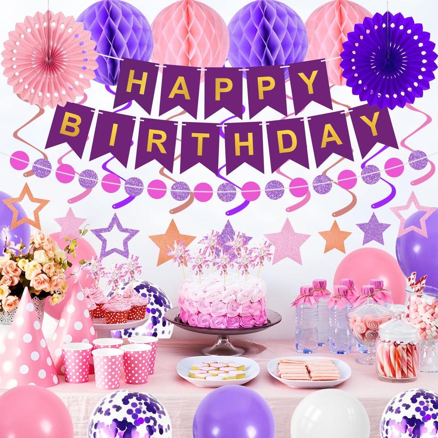 Purple Birthday Decorations Happy Birthday Banner Pink and Purple Balloons Stars Circle Garland Hanging Swirl Streamers Hanging Honeycomb Balls 69PCS Party Decorations for Women Men
