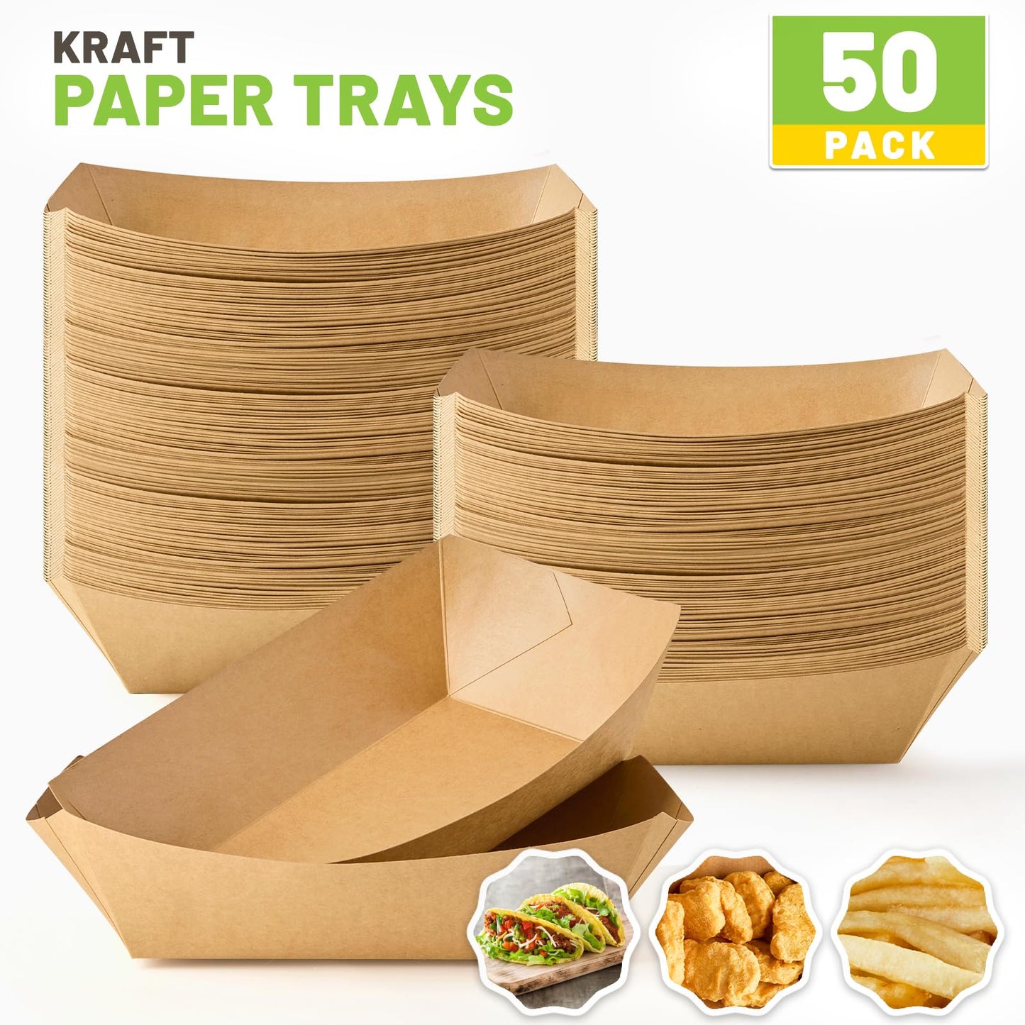 ZORRITA 5 LB Extra Large Paper Food Trays, 50 Pack Disposable Nacho Trays Kraft Paper Food Boats Party Serving Baskets for Sandwiches Burgers Popcorns Snacks