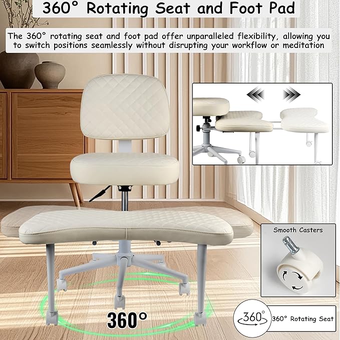 Meditation Chair Cross Legged Chair with Wheels Criss Cross Chair ADHD Desk Chair for Adults with Back Support Wide Squatting Kneeling Chair Adjustable Height for Office, Home, Yoga (White)