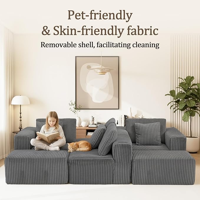 SEENYOO 132" U Shaped Modular Sofa, 4-Seater Sectional Cloud Couch with Chaise, Soft Corduroy Boneless for Living Room, No Assembly Required, Free Configuration,Grey