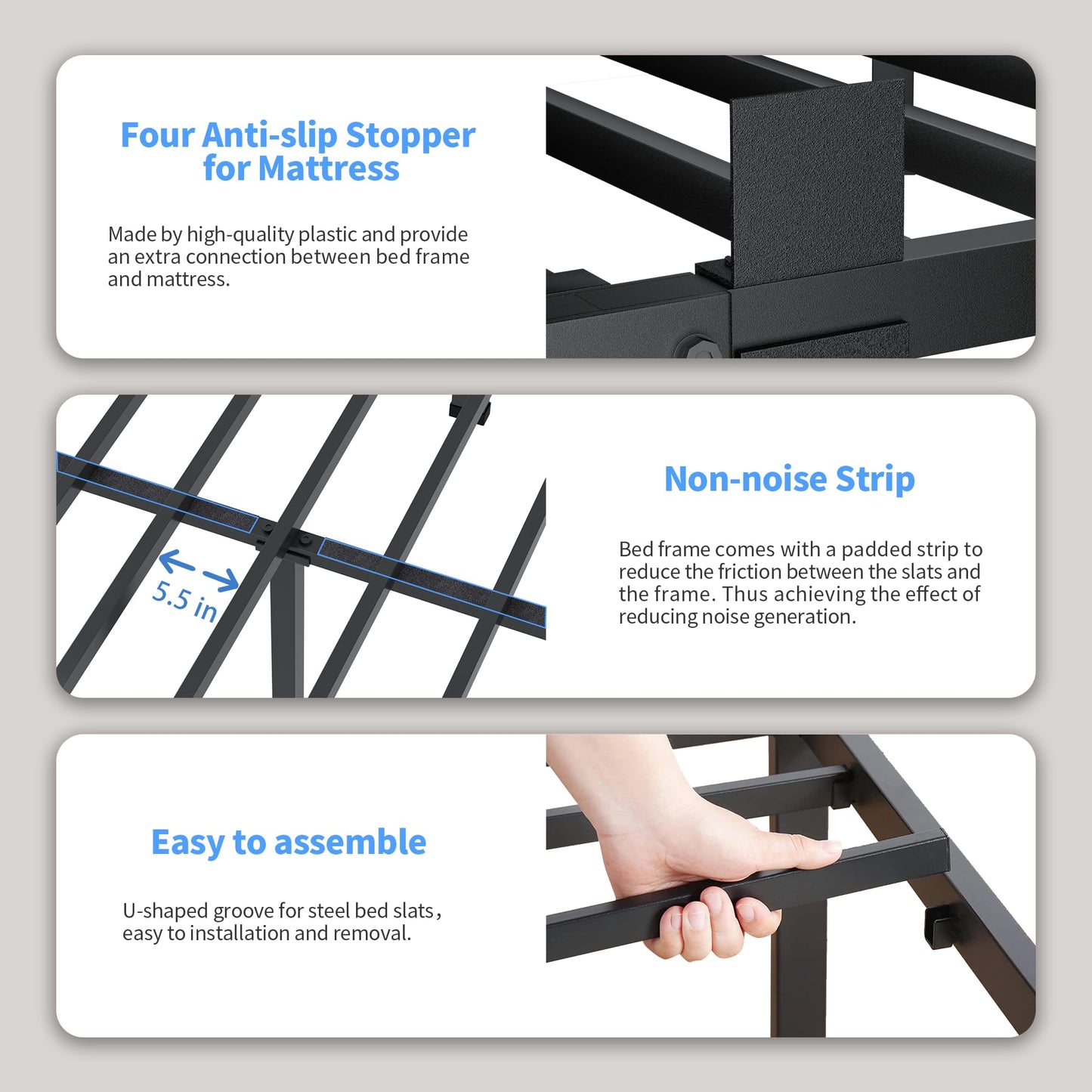 ROIL 14 inch Metal Queen Bed Frame with Rounded Corner and Headboard Hole Mattress Retainers 3500LBS Heavy Duty Steel Slats No Box Spring Needed Platform Noise-Free Easy Assembly