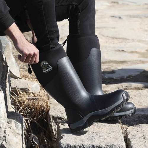 TerraTrax Men's Waterproof Insulated Rubber Hunting Boots – 6mm Neoprene Rain Boots for Outdoor Work, Fishing, Farming & Gardening Black Size 9