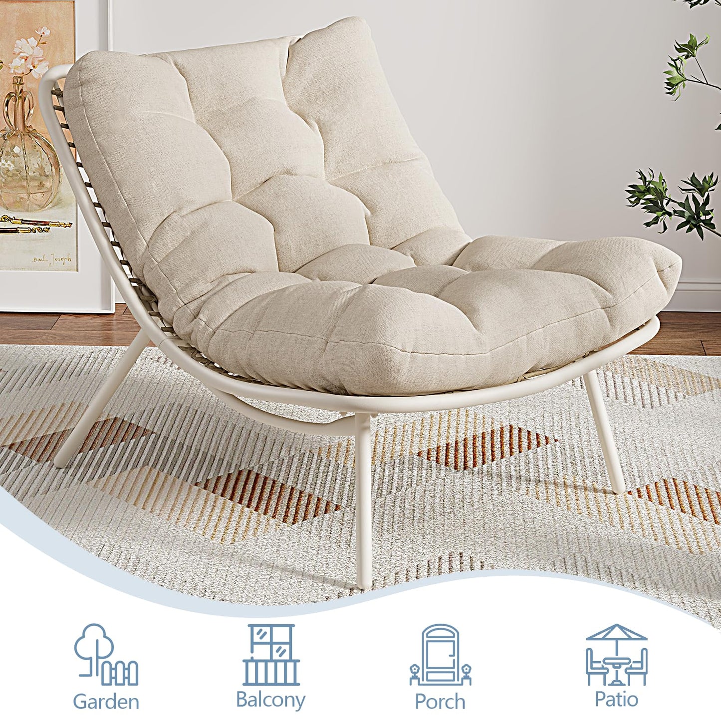 SWITTE Wicker Chaise Lounge Chair, Outdoor Papasan Recliner with Thick Cushion, Low Seat Patio Chair for Balcony, Backyard, Poolside - Beige