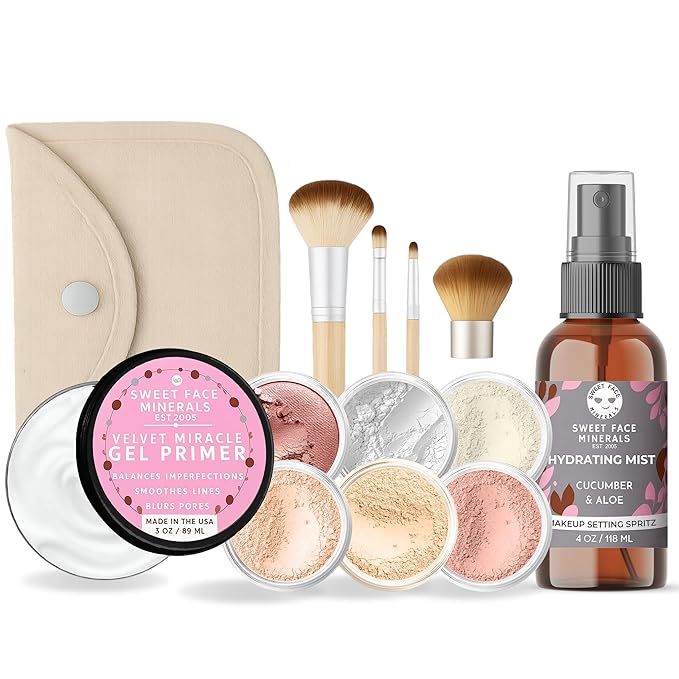 FLAWLESS COMPLEXION KIT (PINK BISQUE) Full Size Mineral Makeup Set Matte Foundation Bare Face Sheer Powder Cover