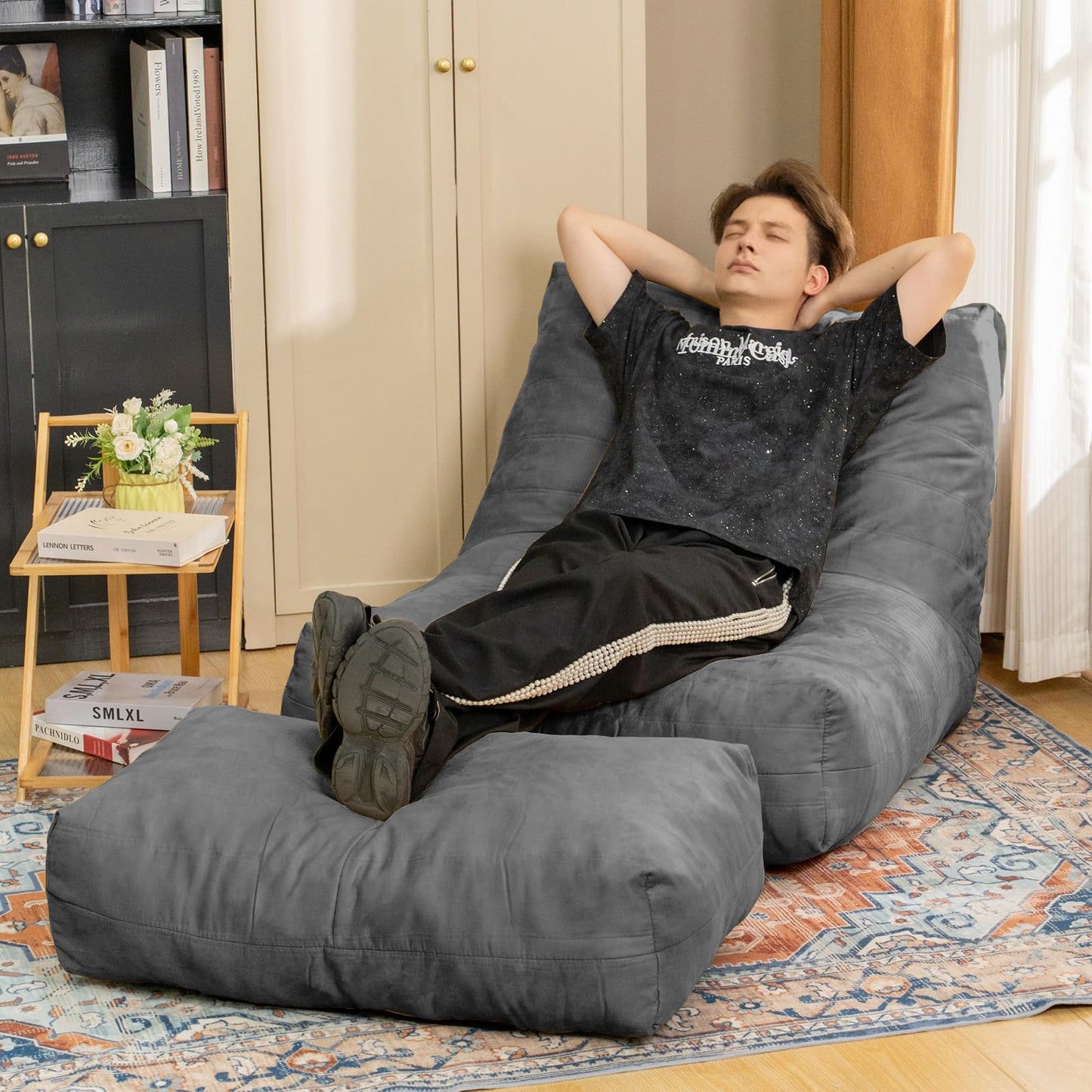 Cvortll Bean Bag Chair with Ottoman, Comfy Bean Bag Sofa with Memory Foam, Lazy BeanBag Sofa with Footstool, Fireside Bean Bag Couch for Living Room, Bedroom, Apartment
