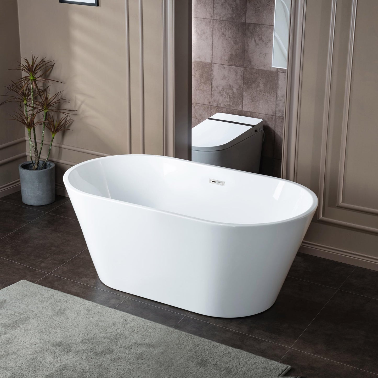 WOODBRIDGE 59" Acrylic Freestanding Bathtub Contemporary Soaking White Tub with Chrome Overflow and Drain