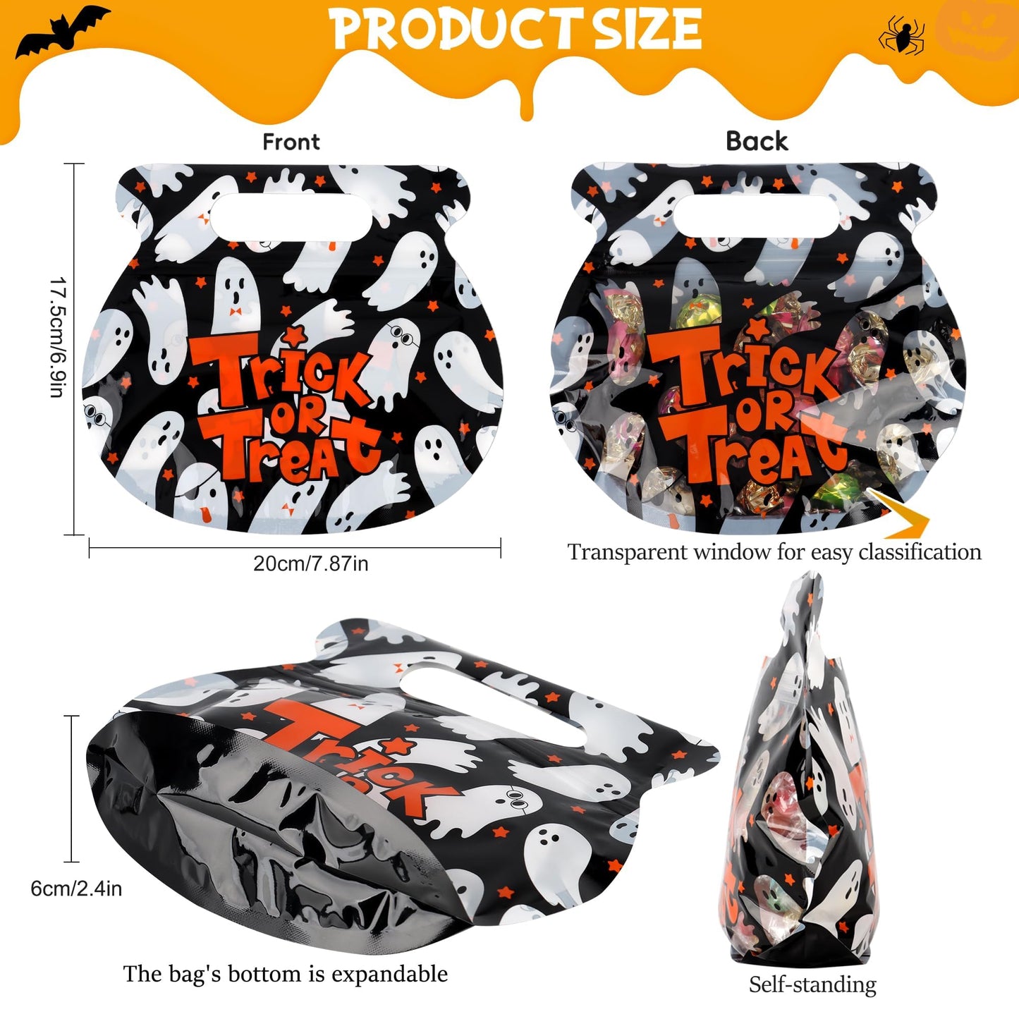POPGIFTU 56 Pcs Halloween Goodie Bags with Handles - 8 Designs Resealable Treat Pouches for Candy, Snacks, Cookies, Bulk Trick or Treat Bags for Kids Party Favors & Classroom Halloween Supplies