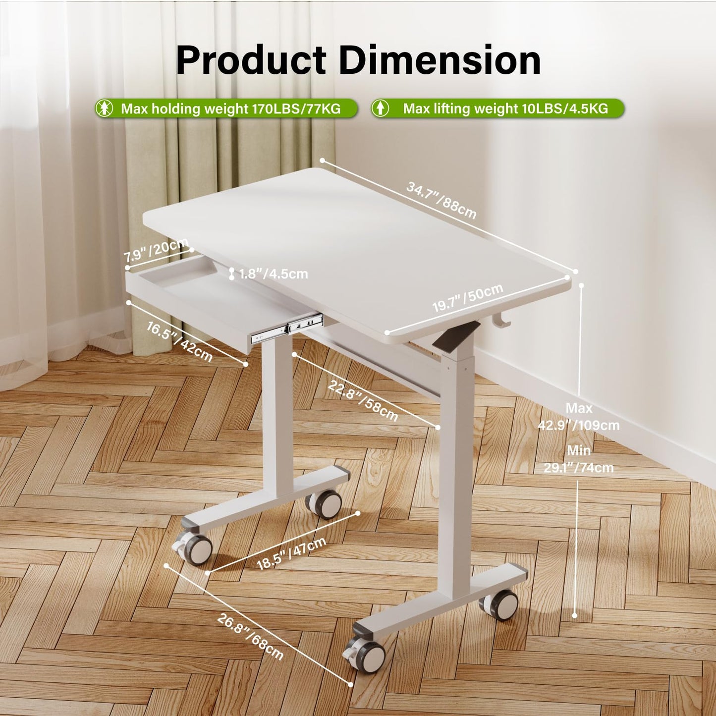 DAWNYIELD Standing Desk for Walking Pad with Wheels, Pneumatic Cordless Height Adjustable Rolling Desk, Mobile Computer Workstation with Drawer Hook Locking Casters for Treadmill & Home Office, White