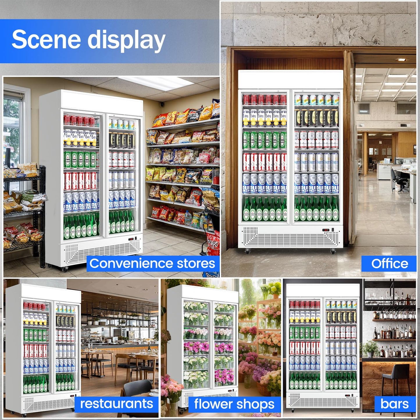 BINGERMA Commercial Merchandiser Display Refrigerator with 2 Glass Doors 30 Cu.ft Beverage Back Bar Cooler Black Drink Fridge for Convenience Stores, Supermarkets,Bars,Offices White