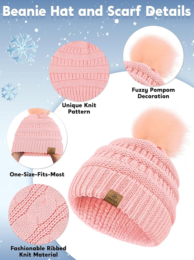 URATOT 4-In-1 Winter Warm Sets Knitted Scarf Touch Screen Gloves Beanie Pompom Hat and Winter Ear Warmer for Men or Women