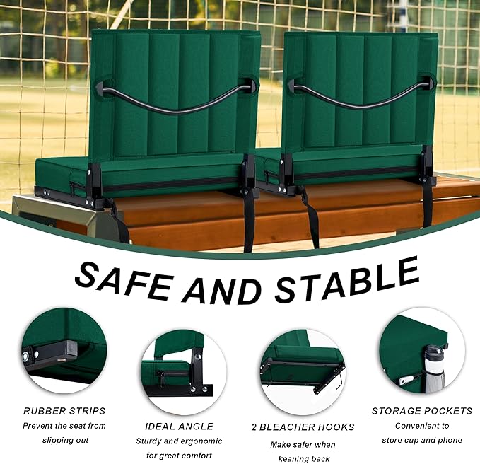 Aliphon Stadium Seat for Bleachers with Back Support and Cushion, Bleacher Seats with Shoulder Strap and Cup Holder, Padded Portable Folding Comfort Stadium Chair, for Sports Events,Green (1pcs)