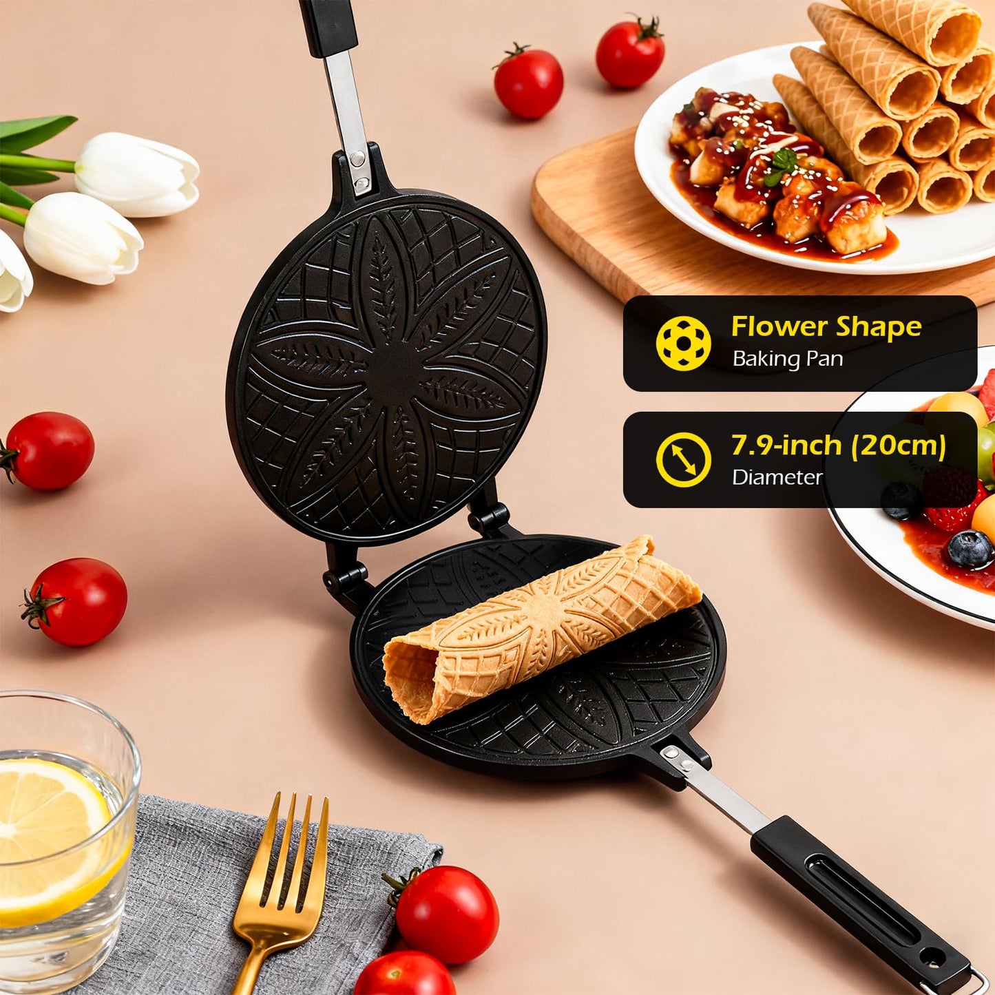 Dyna-Living Waffle Cone Maker Household Ice Cream Cone Machine Non-stick 7.9 inch Egg Roll Mold Pan Waffle Bowl Maker for DIY Ice Cream Waffle Cone Desserts, Flower-shape