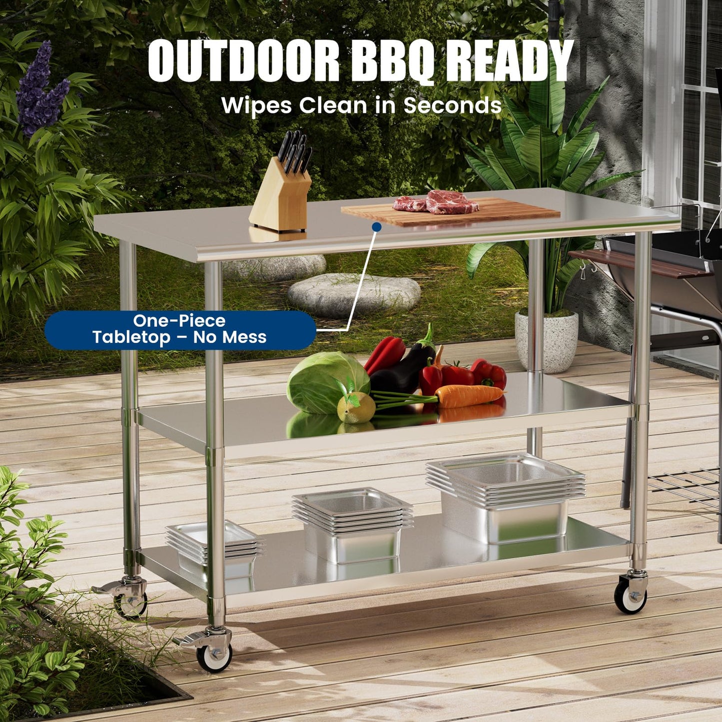 Chingoo Stainless Steel Work Table with Wheels, 24x60 Inch NSF Kitchen Prep Table with 2 Adjustable Undershelves for Commercial Restaurant, Garage, Outdoor BBQ