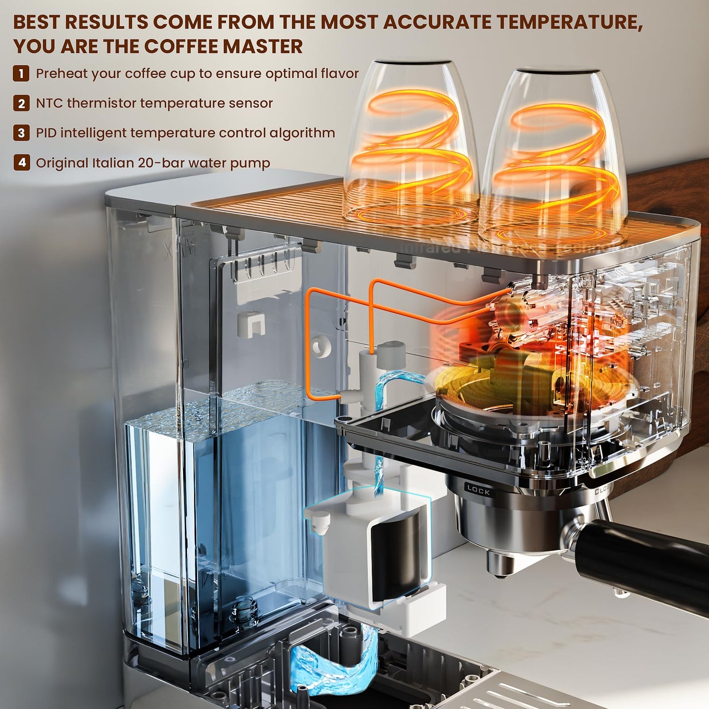 WAA 20 Bar Craft Barista-Grade Espresso, Upgraded 1350W Espresso Machine Stainless steel with Steam Frothing Wand, 1.2L Water Tank and Cup Warmer, Suitable for Espresso, Cappuccino and Latte (Silver)